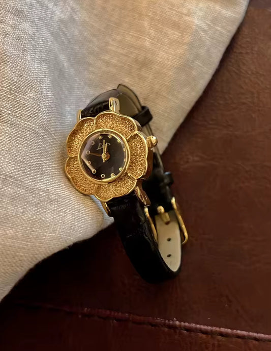 Gold Leather Flower Watch
