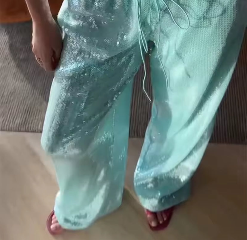 Blue Sequin Loose Fit Trousers