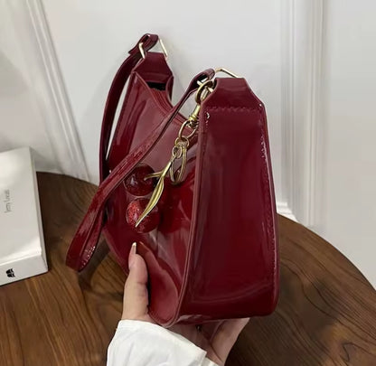 Shiny Faux Leather Cherry Detail Shoulder Bag