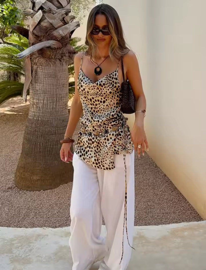 Satin Cheetah Cowl Neck Top