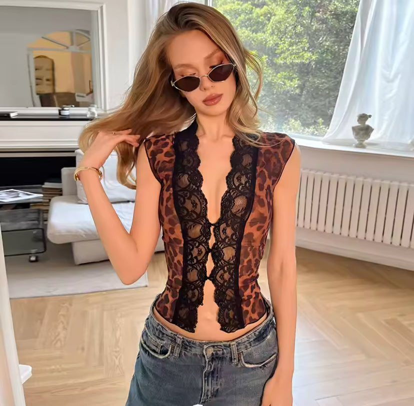 Sheer Leopard Lace Open Front Top