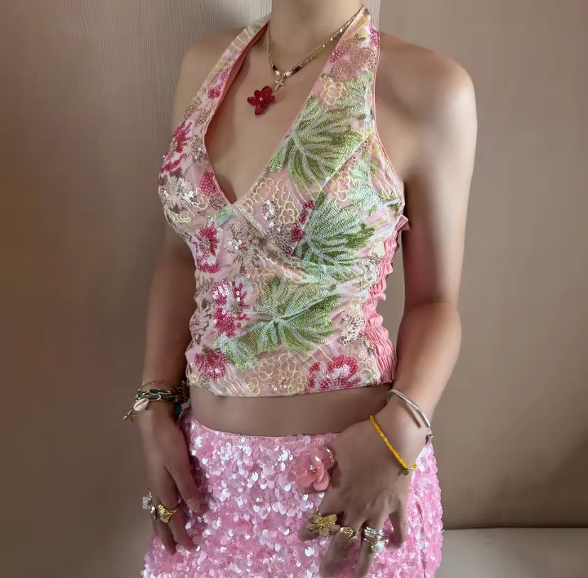 Floral Lace Sequin Halter Top