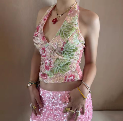 Floral Lace Sequin Halter Top