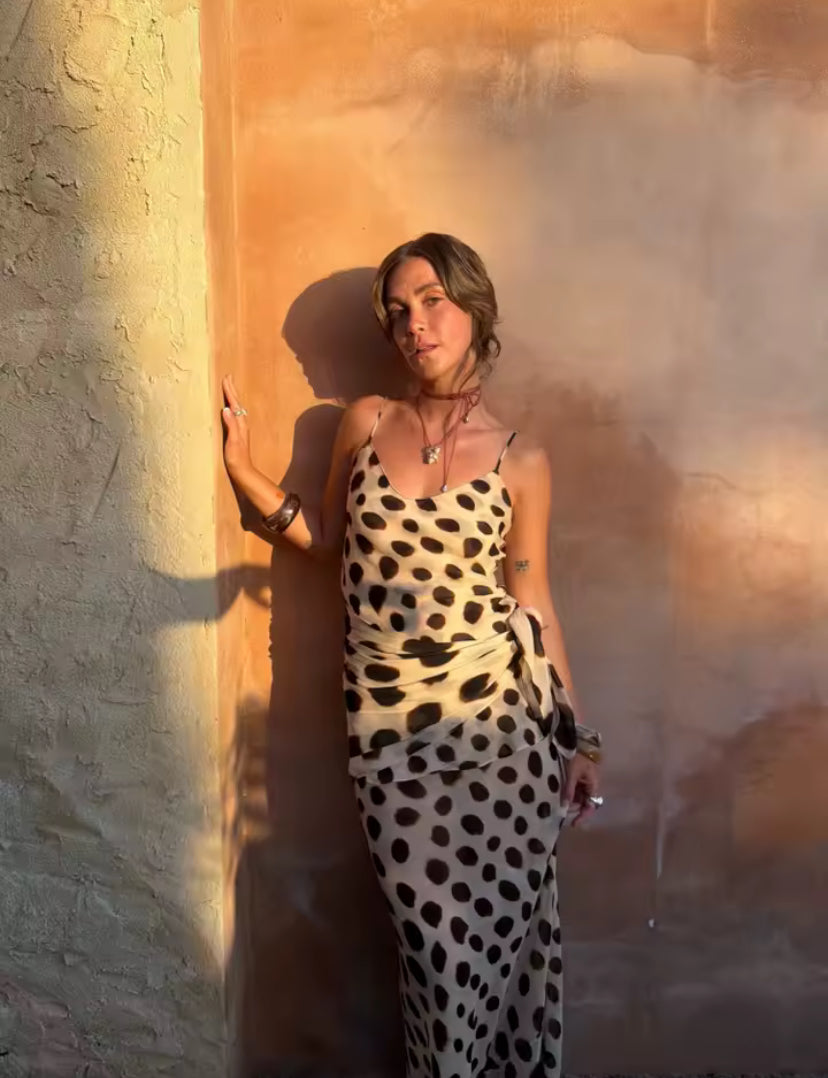 Mesh Dot Print Tie Up Layered Maxi Dress