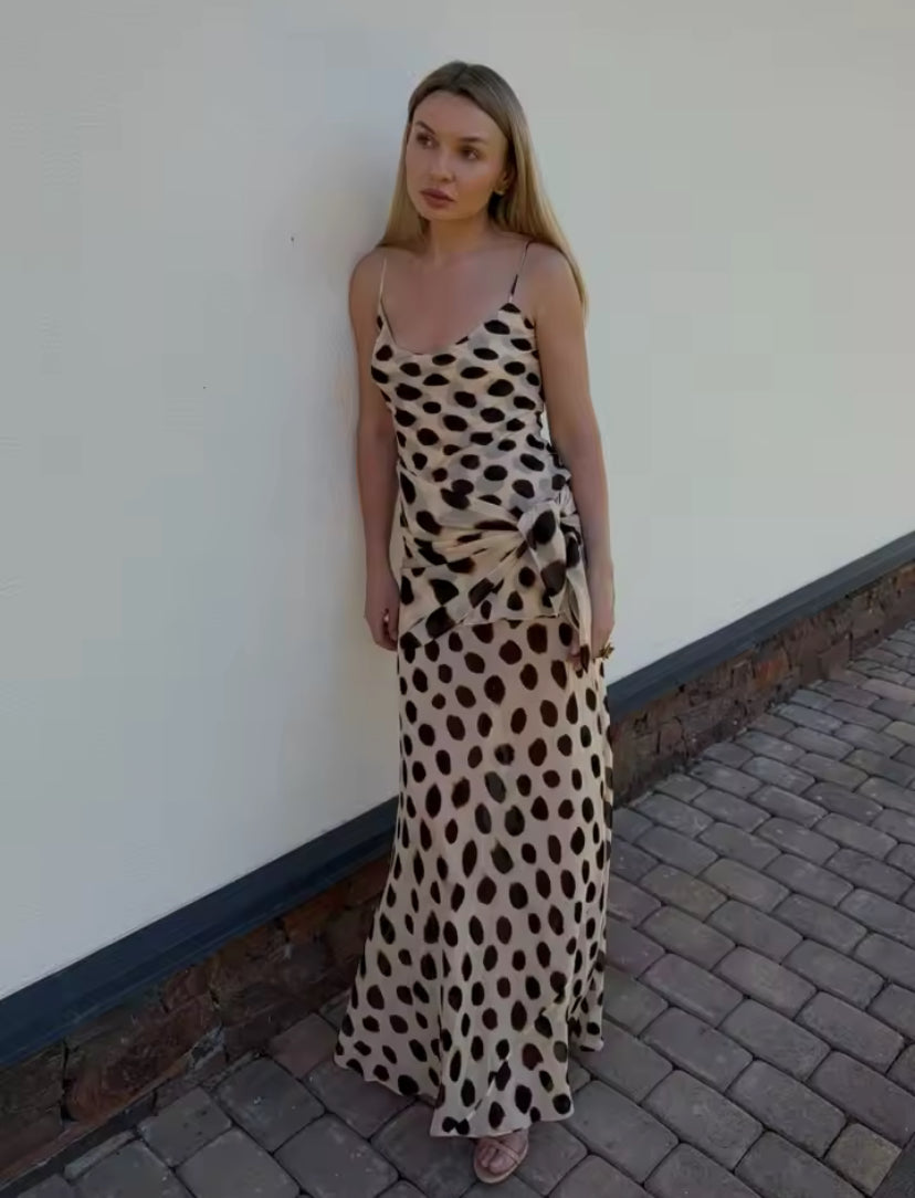 Mesh Dot Print Tie Up Layered Maxi Dress