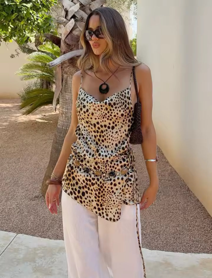 Satin Cheetah Cowl Neck Top