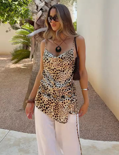 Satin Cheetah Cowl Neck Top