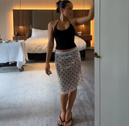 Sequin Mesh Polka Dot Midi Skirt
