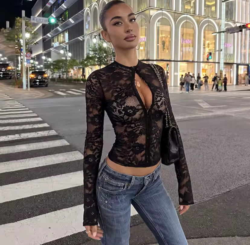 Sheer Lace Hook & Eye Long Sleeve Top