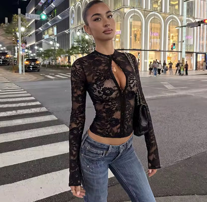 Sheer Lace Hook & Eye Long Sleeve Top