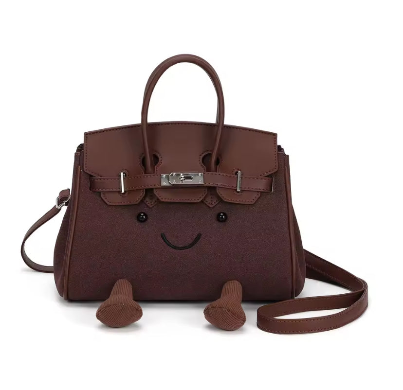 Suede Smiley Face Metal Clasp Handbag