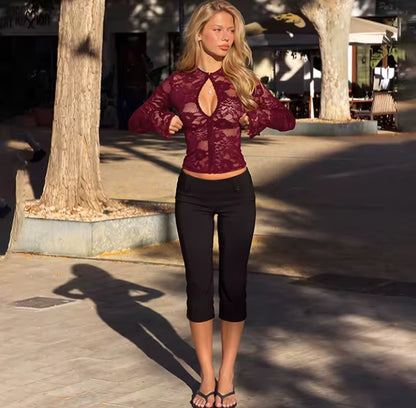 Sheer Lace Hook & Eye Long Sleeve Top