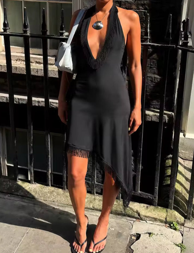 Black Asymmetrical Tassel V-Neck Halter Midi Dress