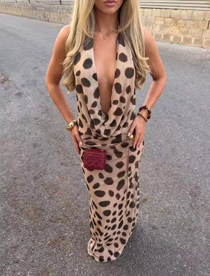 Dot Print Backless Hanging Cowl Neck Maxi Dress