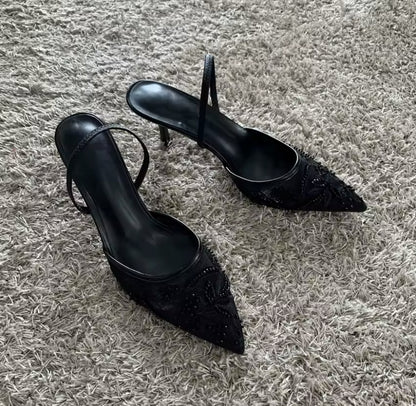 Mesh Embroidered Slingback Pointed Heel