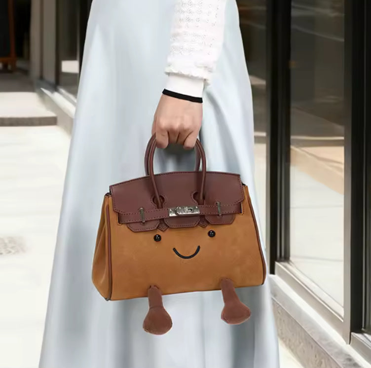 Suede Smiley Face Metal Clasp Handbag