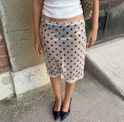 Sequin Mesh Polka Dot Midi Skirt