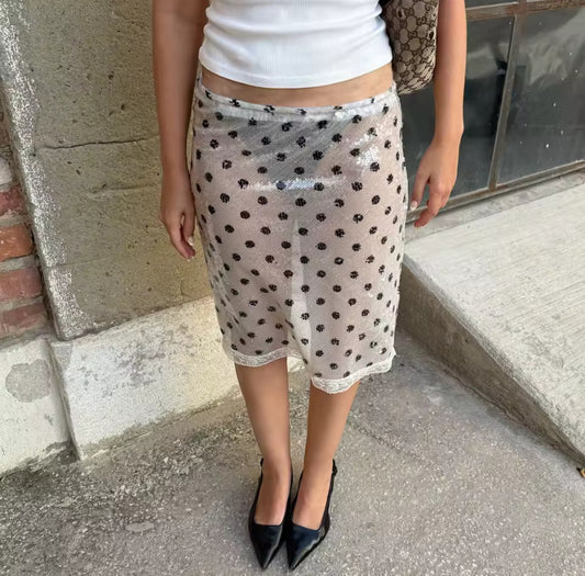 Sequin Mesh Polka Dot Midi Skirt