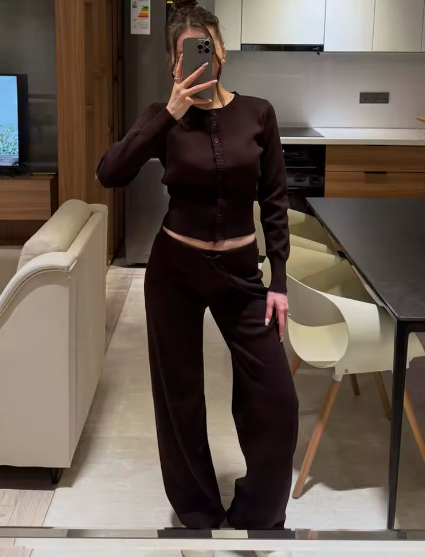 Ribbed Button Up Cardigan & Trouser Set