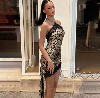 Leopard Lace Dangle Mini Dress