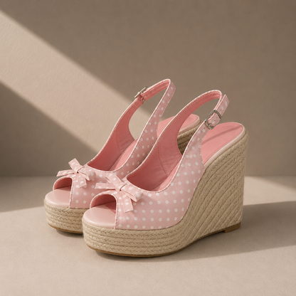 Satin Polka Dot Wedge Bow Heels