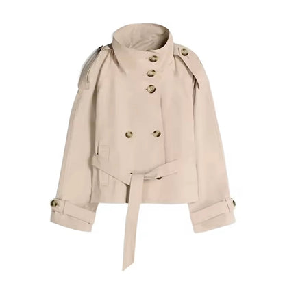 A beige double-breasted trench jacket with a high stand-up collar, matching waist tie belt, and gold-tone buttons, shown against a plain white background.