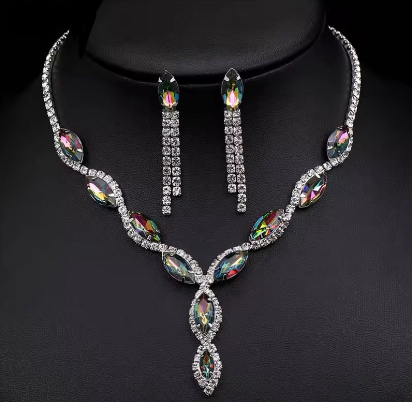 Colourful Crystal Necklace, Earrings & Bracelet Set