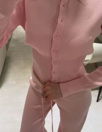 Ribbed Button Up Cardigan & Trouser Set