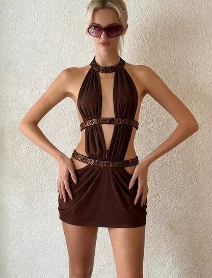 Brown Sparkle Open Backless Mini Dress