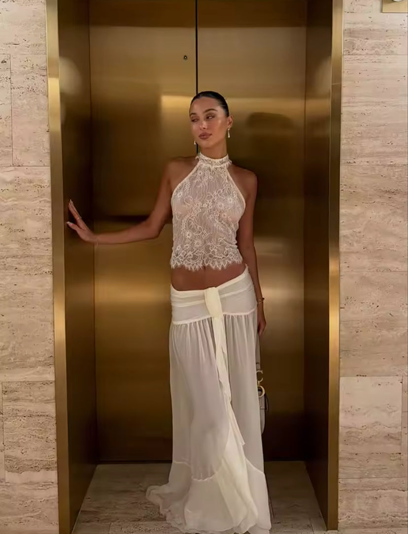 White Sheer Knit Backless Lace Top
