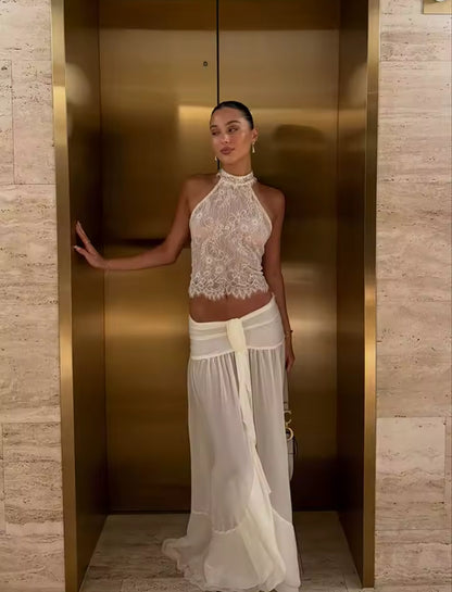 White Sheer Knit Backless Lace Top