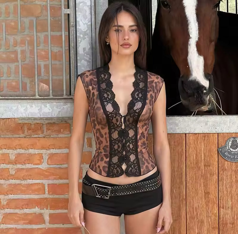 Sheer Leopard Lace Open Front Top