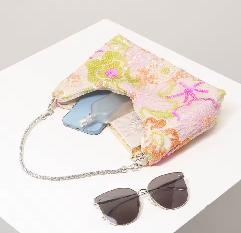 Diamanté Strap Beaded Sequin Floral Handbag