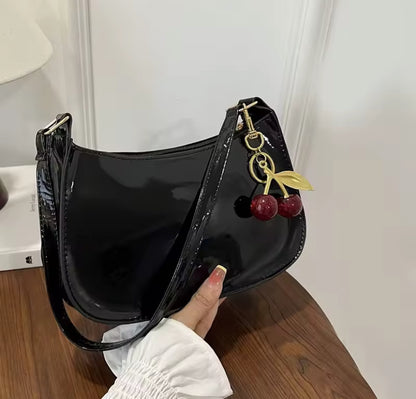 Shiny Faux Leather Cherry Detail Shoulder Bag