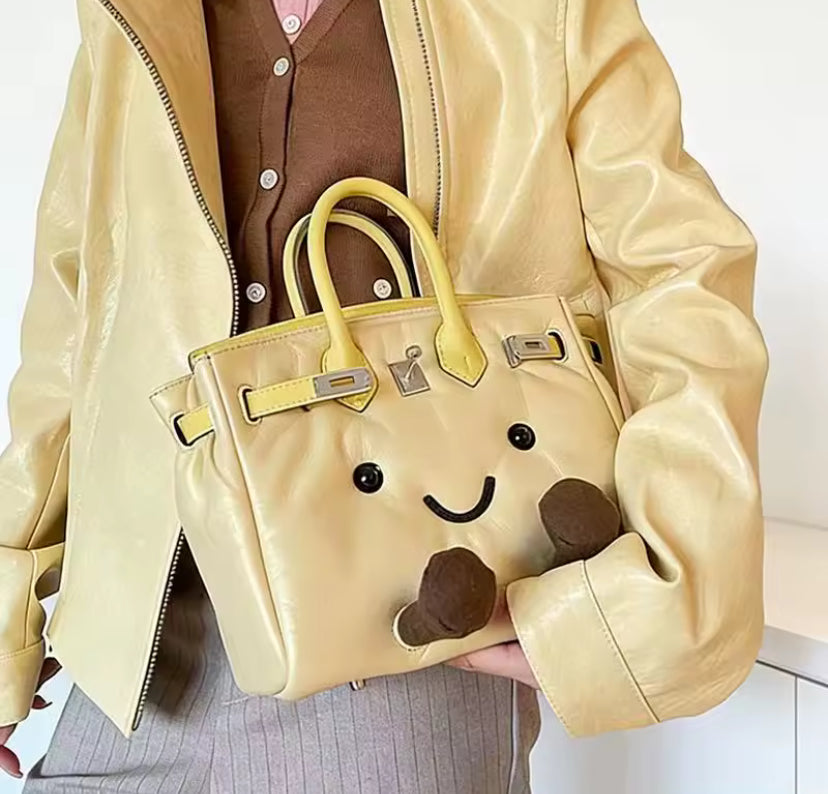 Faux Leather Smiley Face Metal Clasp Handbag