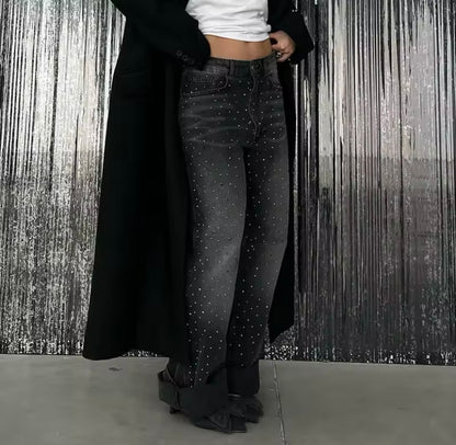 Faded Black Sparkly Diamanté Embellished Straight Leg Jeans