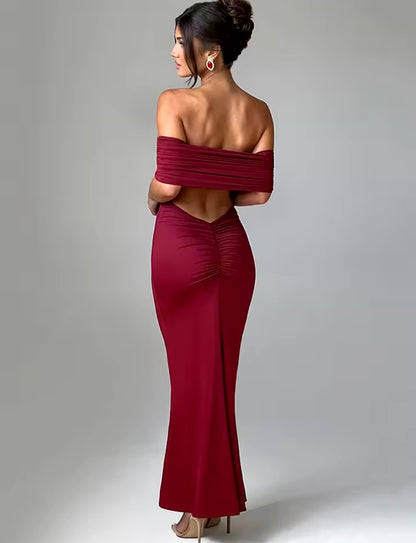 Off-Shoulder Backless Ruched Back Maxi Dress