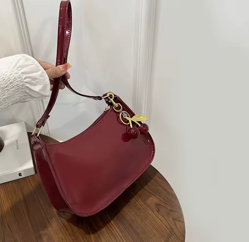 Shiny Faux Leather Cherry Detail Shoulder Bag