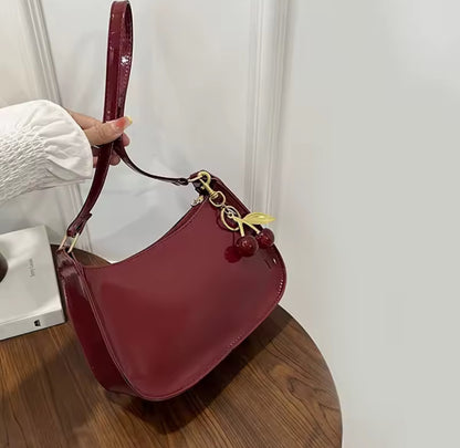 Shiny Faux Leather Cherry Detail Shoulder Bag
