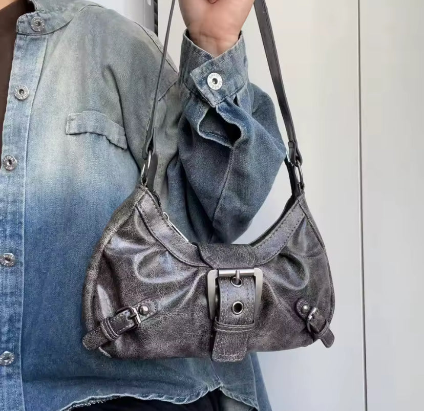 Faux Leather Ruched Buckle Bag