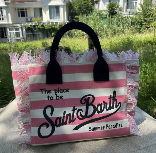 Large Slogan Print Frayed Canvas Tassel Tote Shoulder Bag