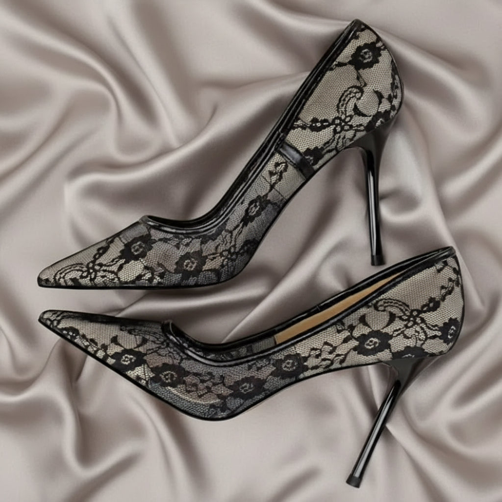 Black Lace Embroidered Floral Mesh Detail Heels