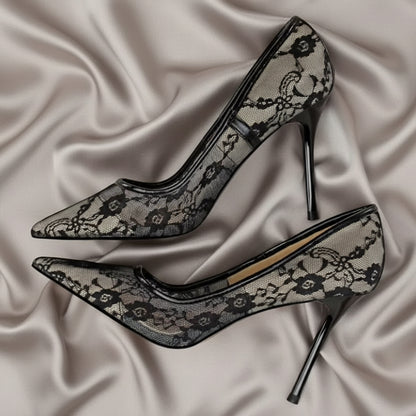 Black Lace Embroidered Floral Mesh Detail Heels