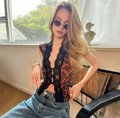 Sheer Leopard Lace Open Front Top