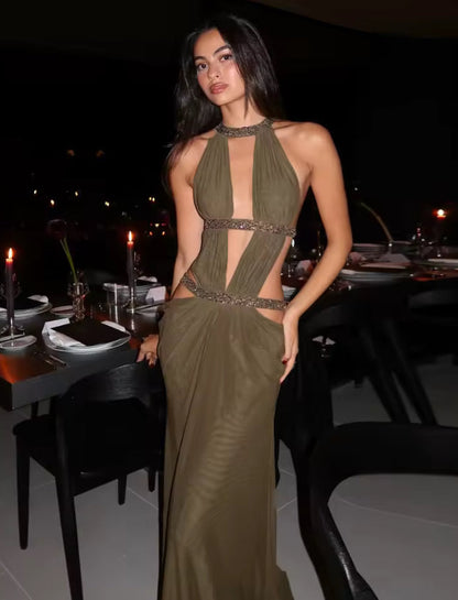 Sparkle Ruched Open Backless Maxi Dress