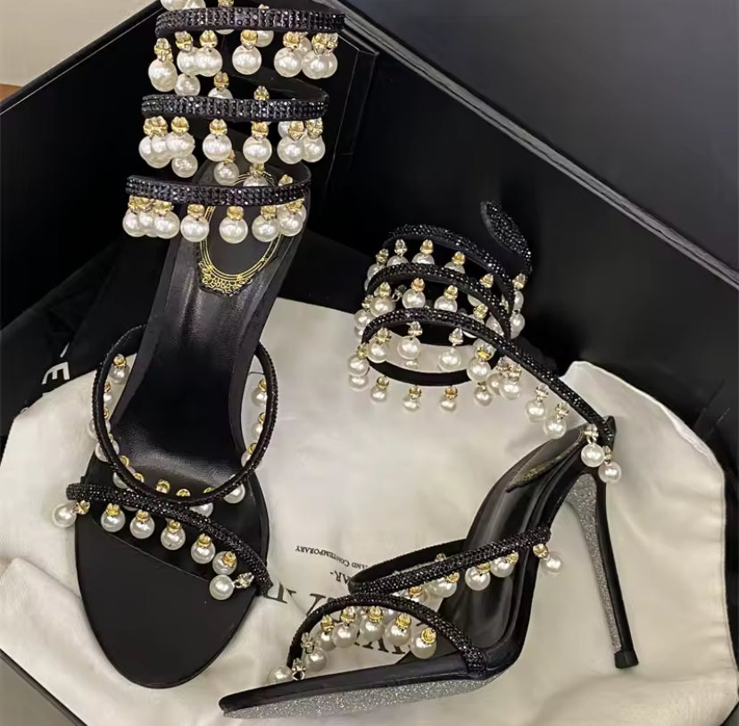 Wrap-Around Pearl Dangle Heels