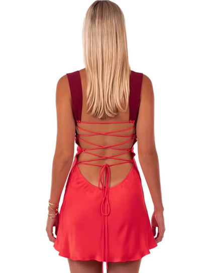 Satin Backless Lace Up Mini Dress