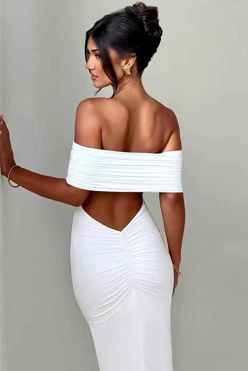 Off-Shoulder Backless Ruched Back Maxi Dress