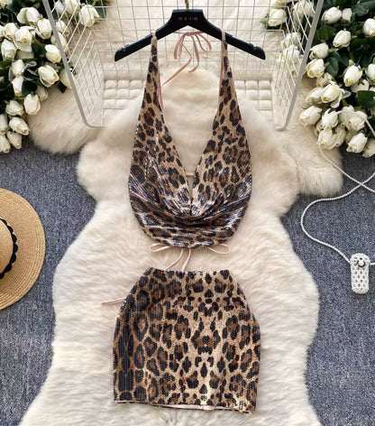 Sequin Leopard Print Hanging Halterneck Mini Skirt Co-Ord