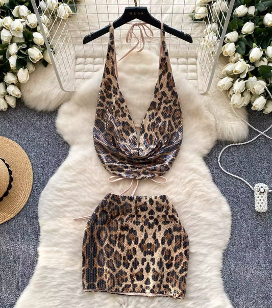 Sequin Leopard Print Hanging Halterneck Mini Skirt Co-Ord